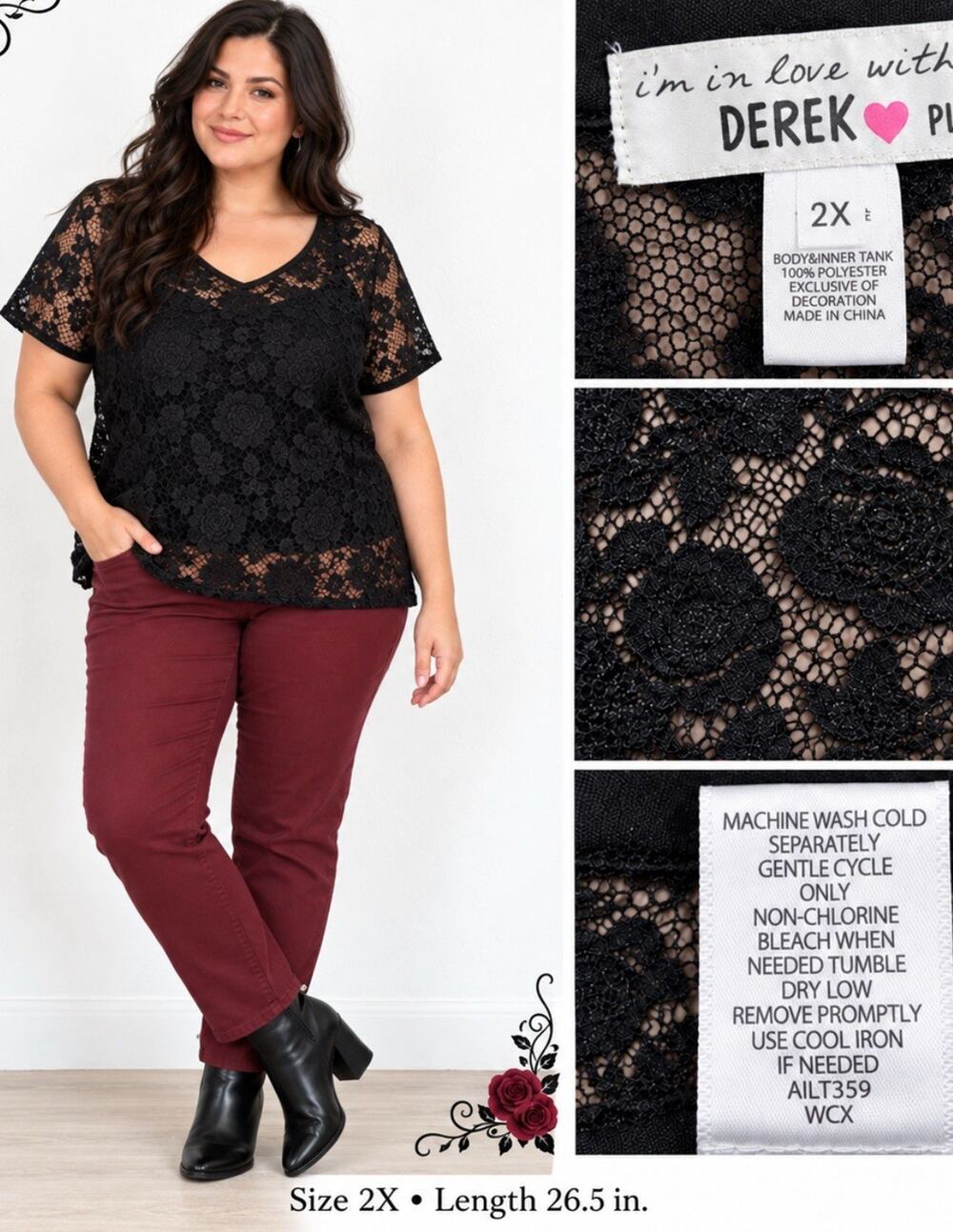 Goth Edgy Derek Plus Women's Sheer Floral Lace Top Size 2X Black Y2K 2000s